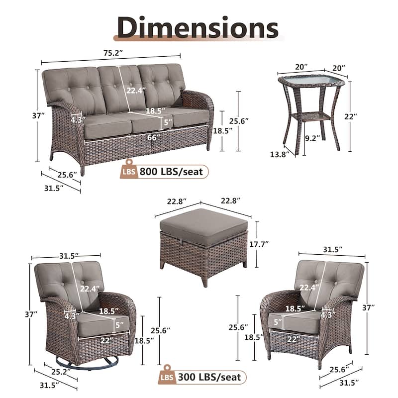TWrap 8-Piece Patio Brown Wicker Sofa Conversation Set with 5-Inch Thick Cushions