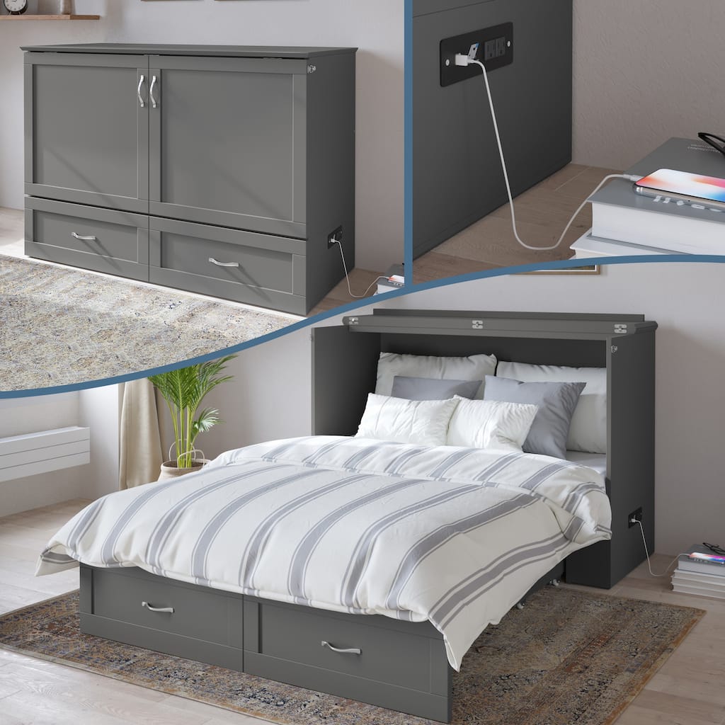 Hamilton Full Murphy Bed Chest with 6" Mattress, Storage Drawer & Built-In Charger in Grey