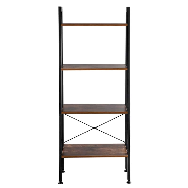 4 Tiers Industrial Ladder Bookcase Storage Rack Shelf Brown