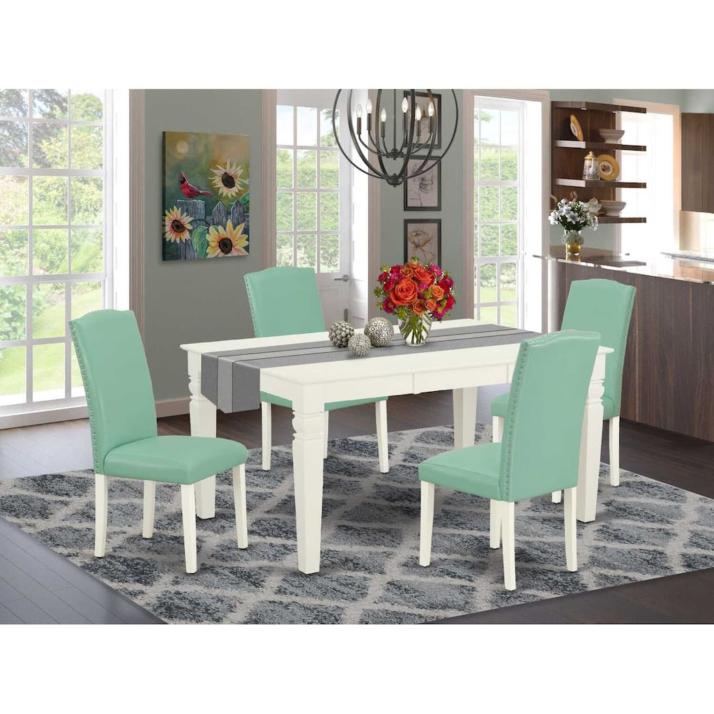 Retro Kitchen Dining Set 5Pc Rectangle Table w/ Leaf & 4 Chairs - Linen White Legs, Pond PU Leather