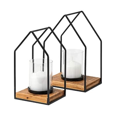 Leopold Set of Two Black Metal Wooden Base Table Candle Holders - 8.0L x 5.9W x 11.8H