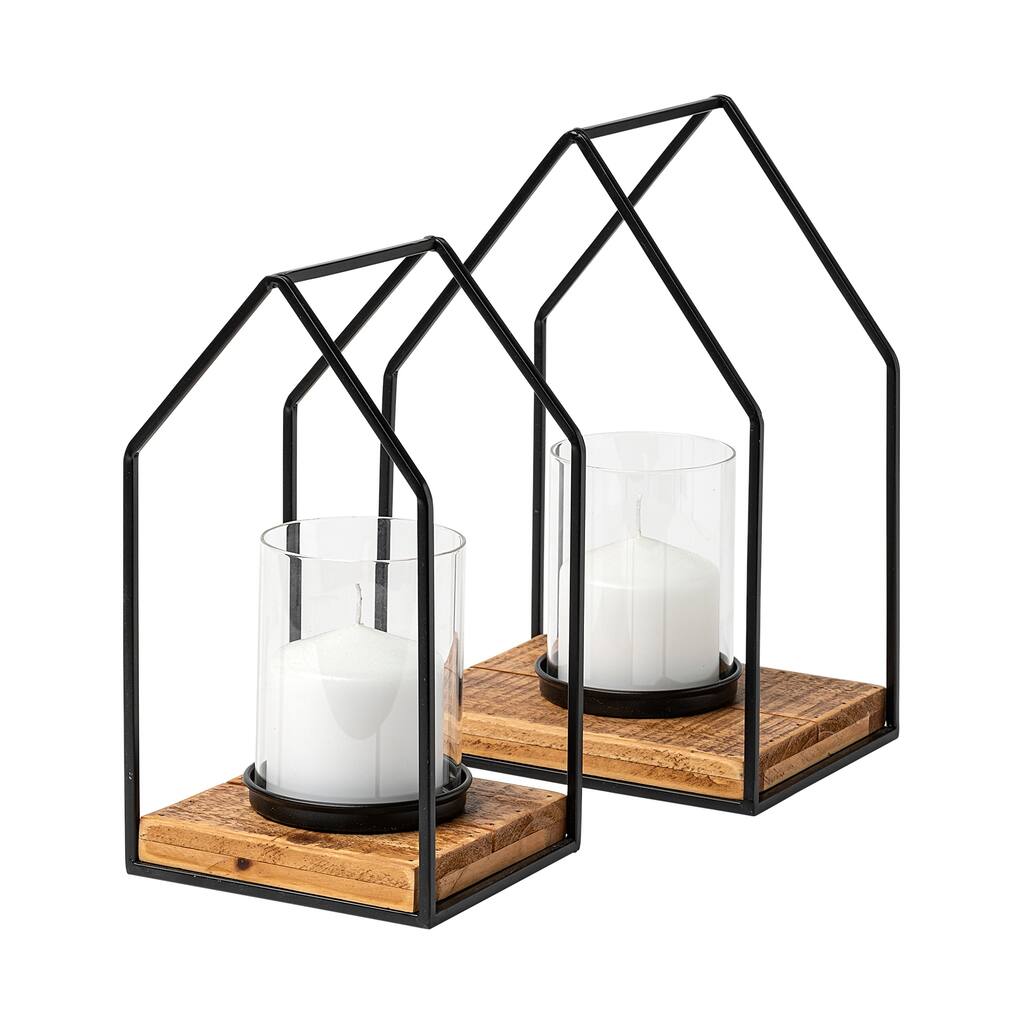 Leopold Set of Two Black Metal Wooden Base Table Candle Holders - 8.0L x 5.9W x 11.8H