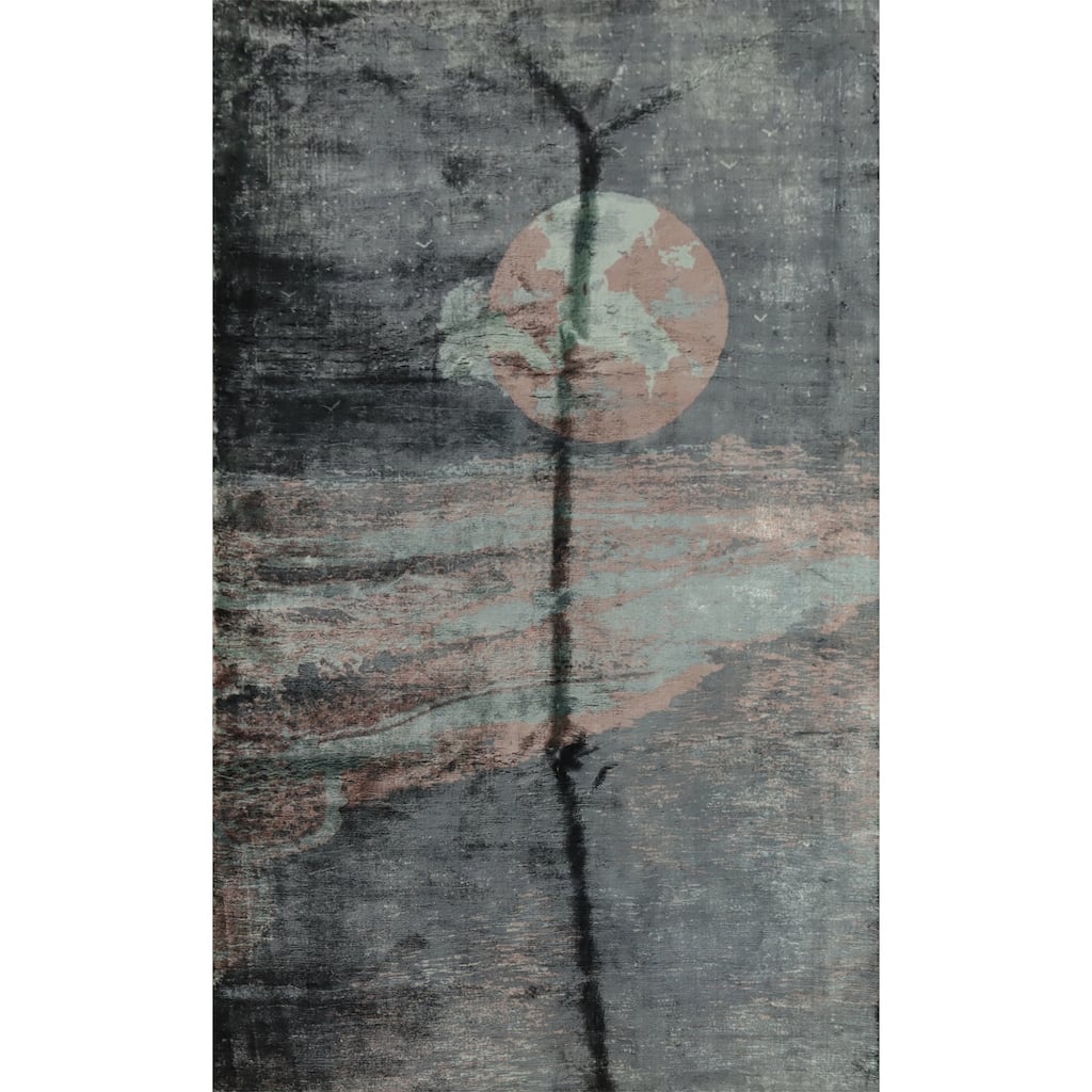 Hand Knotted Oriental Viscose Silk Carpet Modern Pictorial Greys & Charcoal Abstract Area Rug - 8' 0'' X 5' 5''