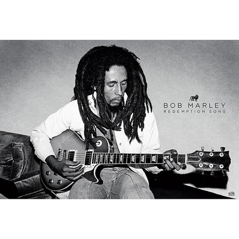 Bob Marley Redemption Song Black and White Playing Guitar Art Poster - 24 x 36 Inch
