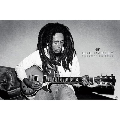 Bob Marley Redemption Song Black and White Playing Guitar Art Poster - 24 x 36 Inch