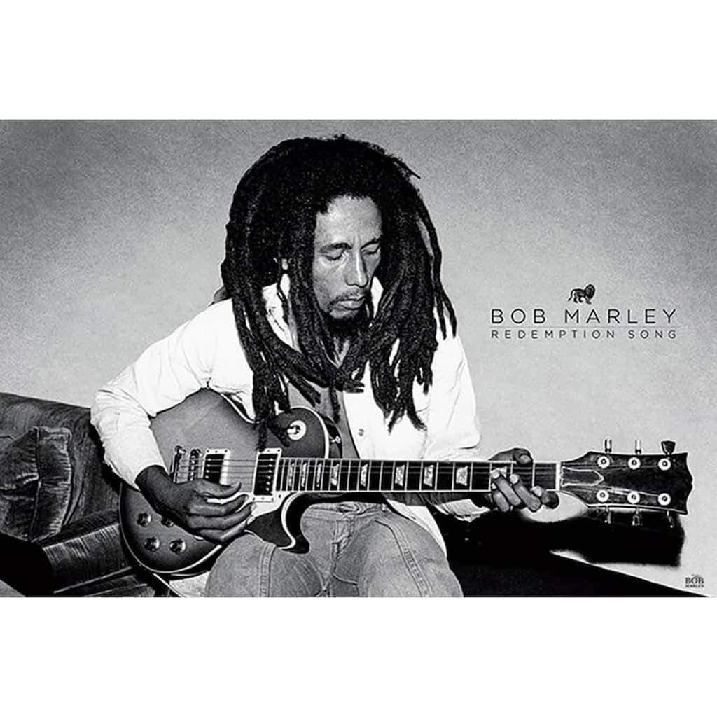 Bob Marley Redemption Song Black and White Playing Guitar Art Poster - 24 x 36 Inch