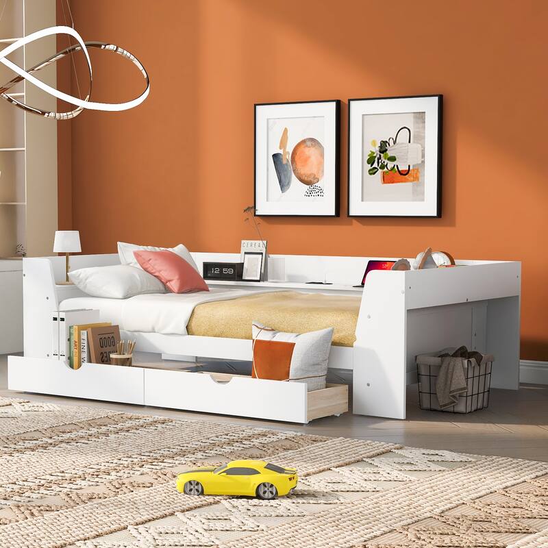 Twin Daybed with Shelves, Drawers, and Charging Station, Pine Wood Frame, Modern Design, White/Grey