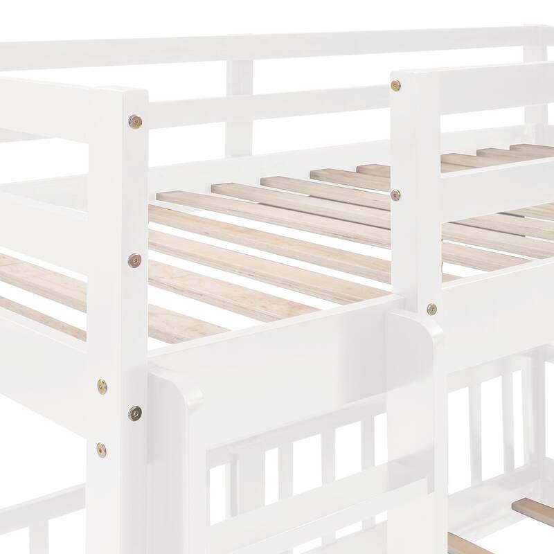 White Twin Over Twin Bunk Bed with Slide and Ladder, Space-Saving Design