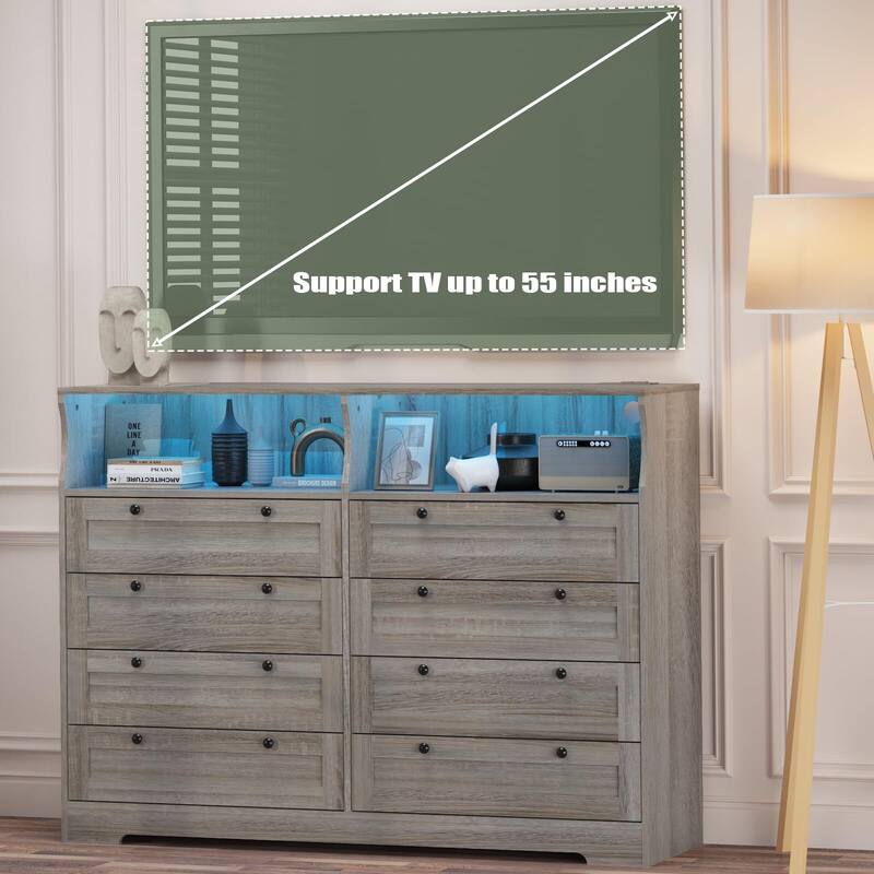 8 Drawers Wooden Dressers for Bedroom Living Room, Hallway, Wood Dressers with Led Lights and Charging Station