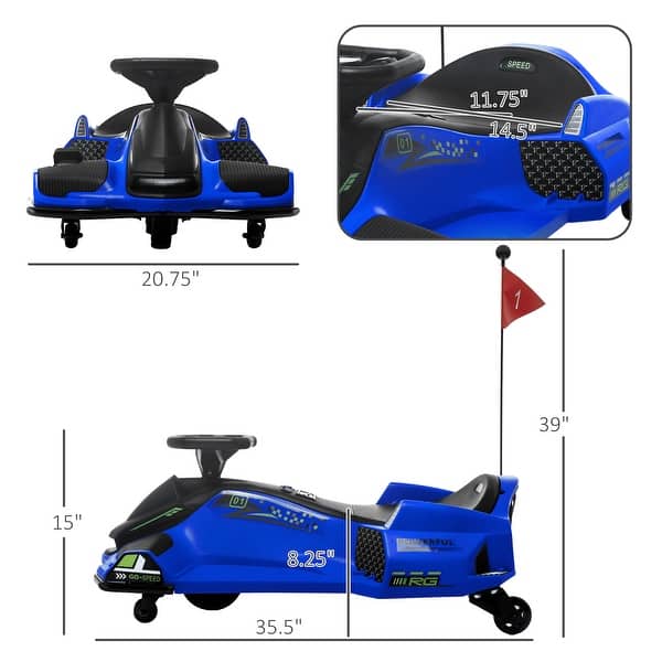 dimension image slide 0 of 4, Aosom 12V Electric Go Kart, 5 MPH Drifting Car Battery Powered Ride on Toy Outdoor with Slow Start, Music, Colorful Lights