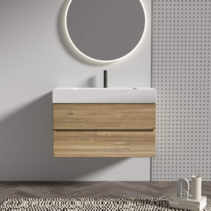 GDFStudio - Grace Wall-Mounted Bathroom Vanity with Engineered Quartz Sink & Soft Close Drawers, without Drainage and Faucet - 36" - Oak+White