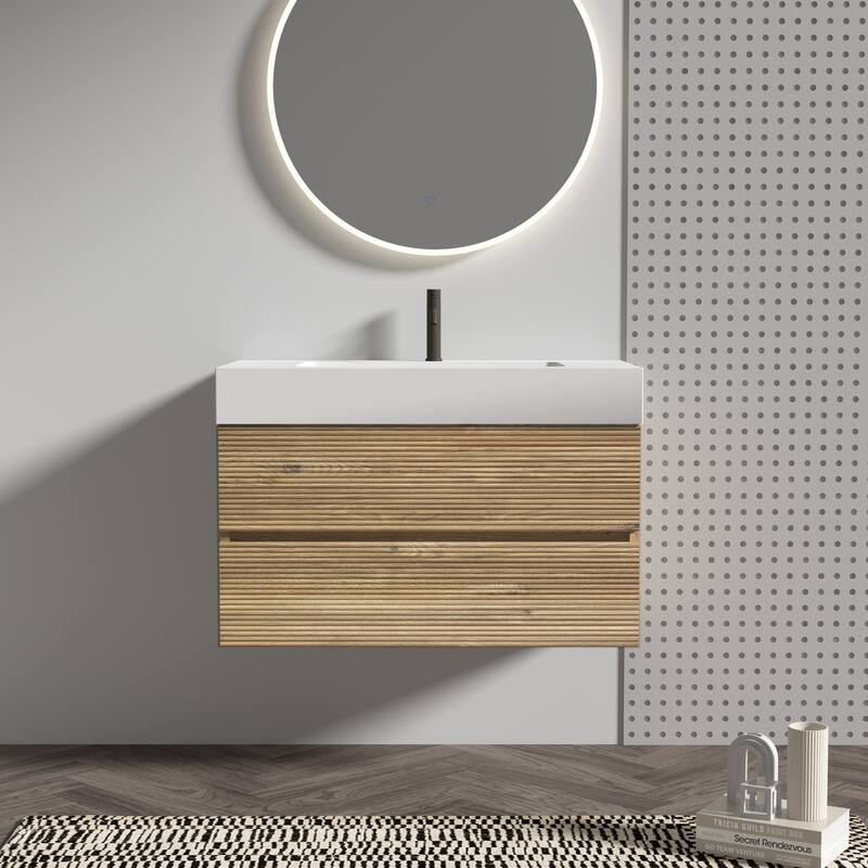 Wall Mounted Bathroom Vanity with Solid Surface Sink and Soft Drawers - 35.85'' x 18.12'' x 25.29'' - Oak and White