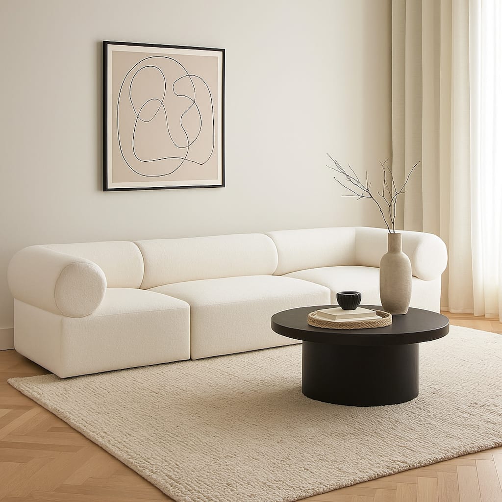 Zey 3pc Modular Sofa Set, Low Profile Back, Ivory Sherpa 120 Inch