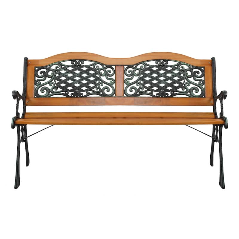 49" Garden Bench Outdoor Patio Park Chair Furniture Hardwood Slats Cast Iron Frame