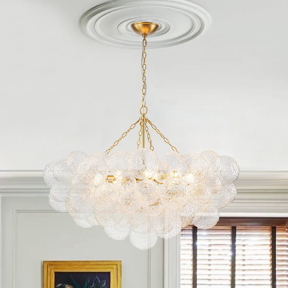 Brass 15-Light Grand Water Textured Glass Bubble Chandelier - 39.4
