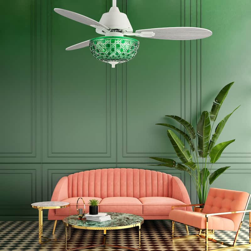 Izzy River of Goods 3-blade 42-inch Modern Indoor Ceiling Fan with Green Hand-Cut Glass Shade and Remote Control