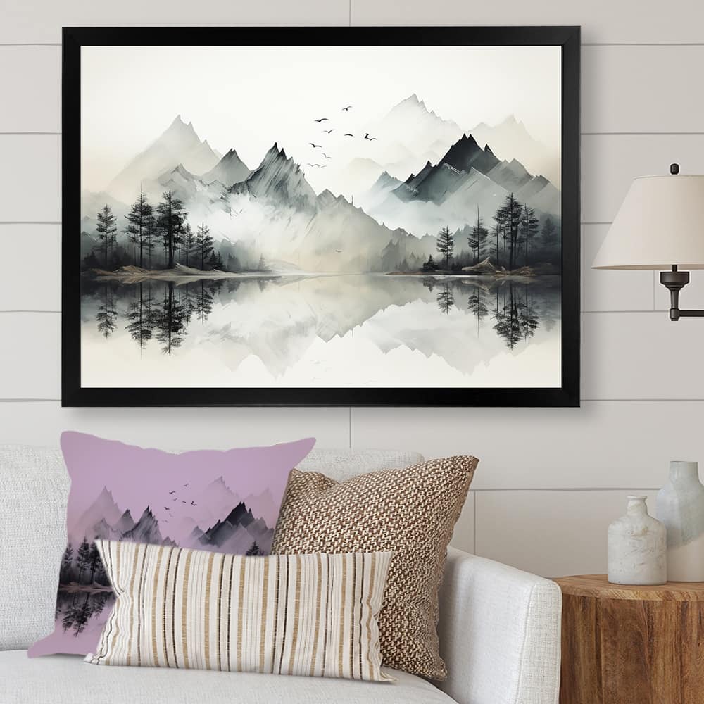 Designart "Watercolor Lake And Forest Dream I" Landscape Mountains Framed Canvas Wall Art