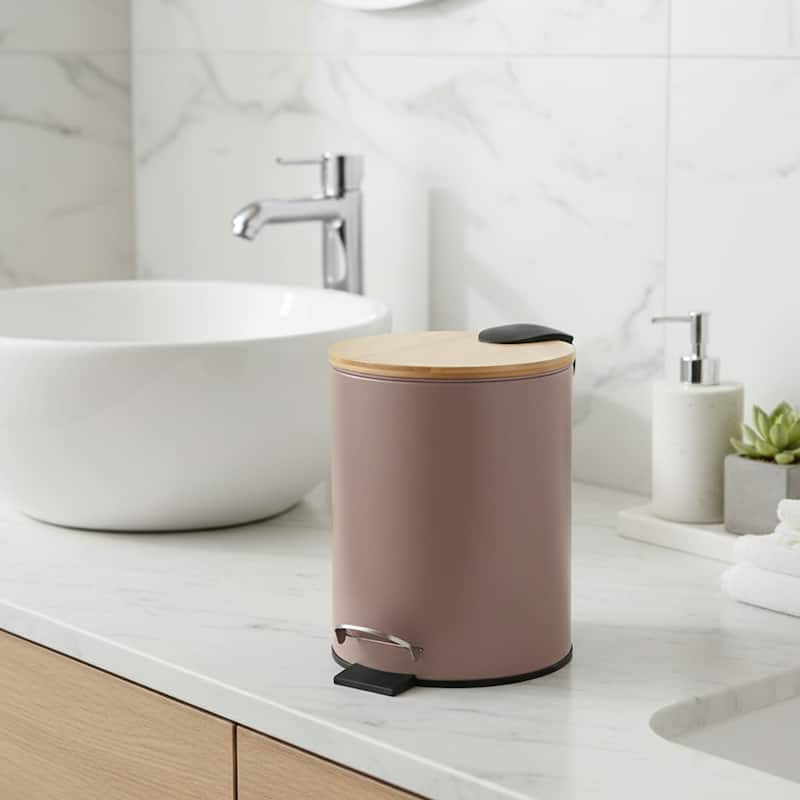 Stylish Trash Can with Bamboo Lid and Pedal, 2.5L Capacity - 9.2" H x 8" L x 8" W