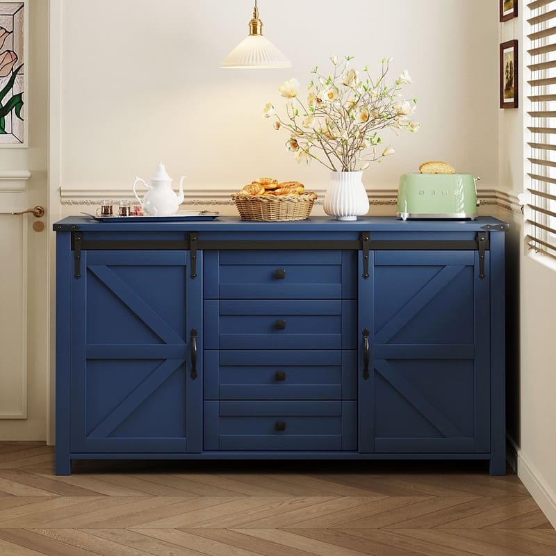 Farmhouse 55.1" Sideboard with Sliding Barn Doors and Storage Drawers, Wood Buffet Table with Power Outlet - Blue