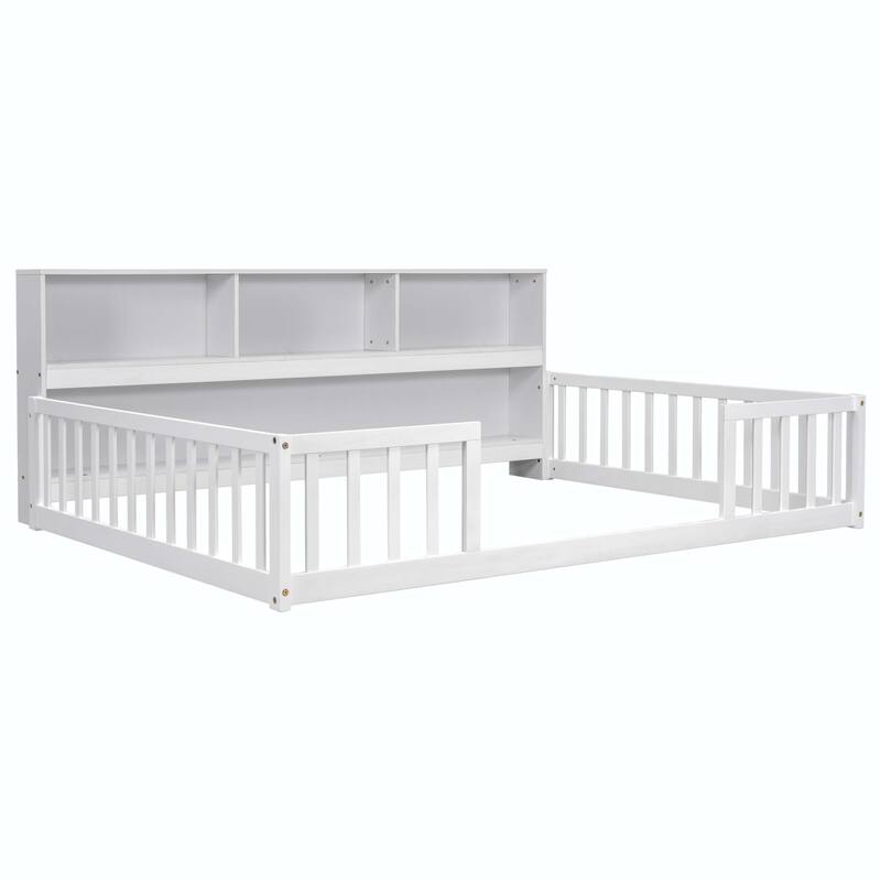 Full Floor Bed with Side Bookcase and Guardrails