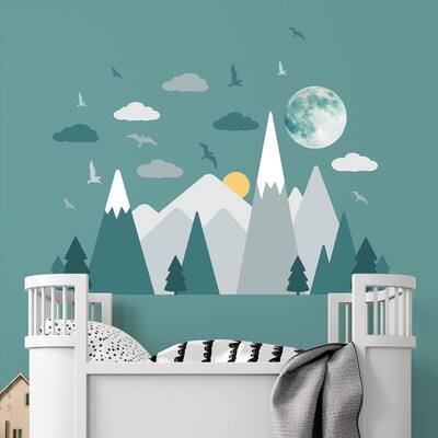 Grey Mountains With Glowing Moon Wall Stickers Nursery Kids Decors