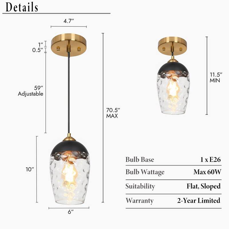 Modern Contemporary Black Gold Hammered Glass Kitchen Island Pendant Light for Dining Room