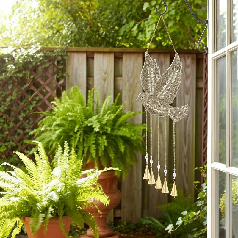 Metal Glass Wind Chime Mosaic Dove Metallic Finish - 36" Silver - 10" x 1" x 36"