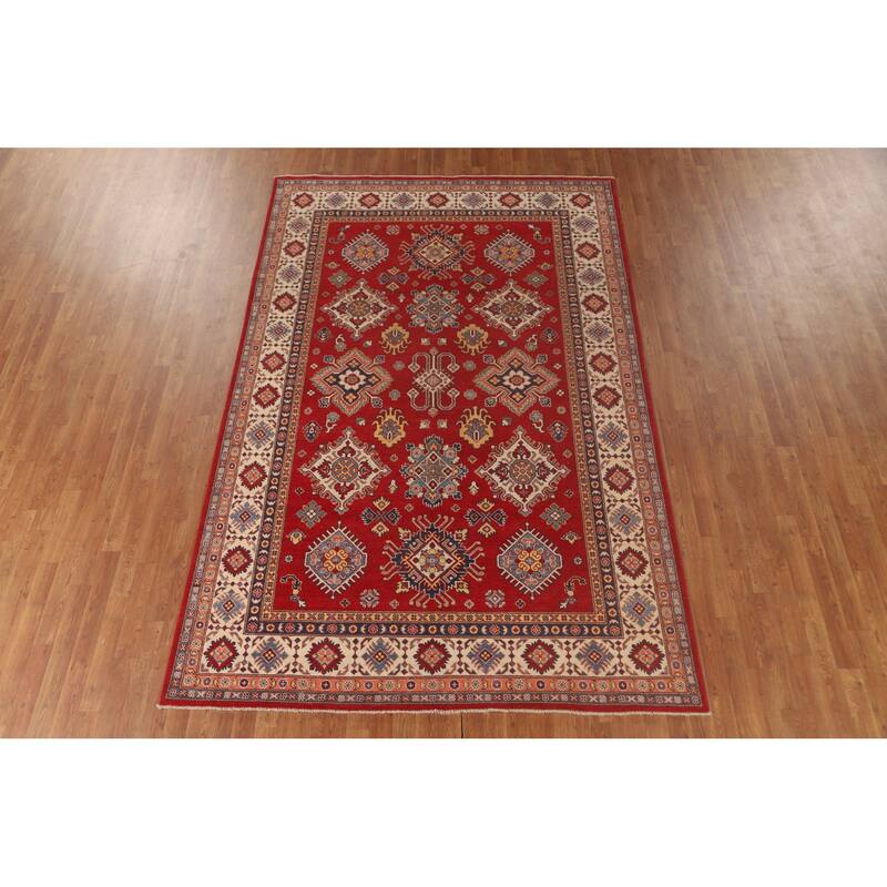 Red Kazak Area Rug Handmade Geometric Wool Carpet - 7'2"x 10'0"