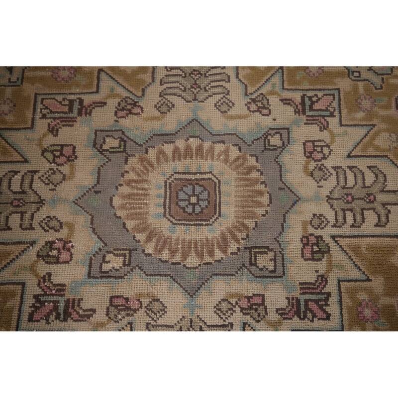Gray Tabriz Persian Vintage Rug Hand-Knotted Medallion Wool Carpet - 9'8"x 12'9"