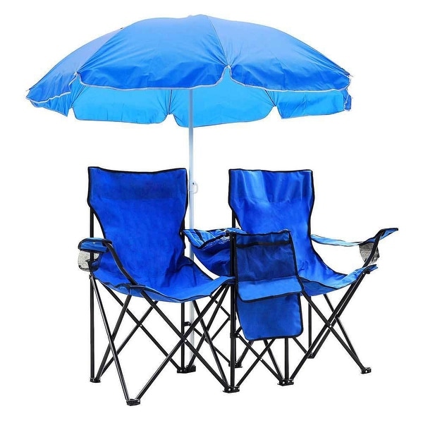 Portable Outdoor 2 Seat Folding Chair with Removable Sun Umbrella