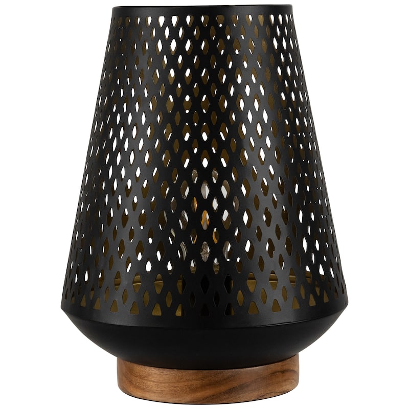 Laser-Cut Diamond Pattern Iron Table Lamp with Wood Base - 11" - Black and Gold