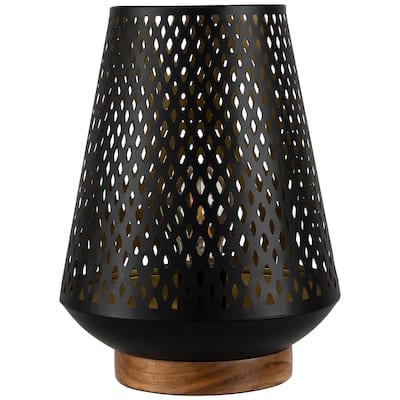 Laser-Cut Diamond Pattern Iron Table Lamp with Wood Base - 11" - Black and Gold