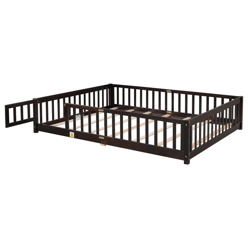 Floor Platform Bed with Fence Guardrails and Door
