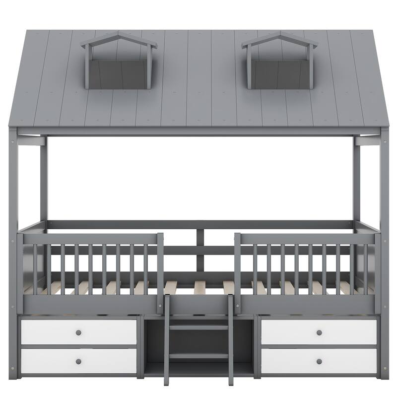 Full Size House Bed Frame with Skylights Ladder and Storage Drawers