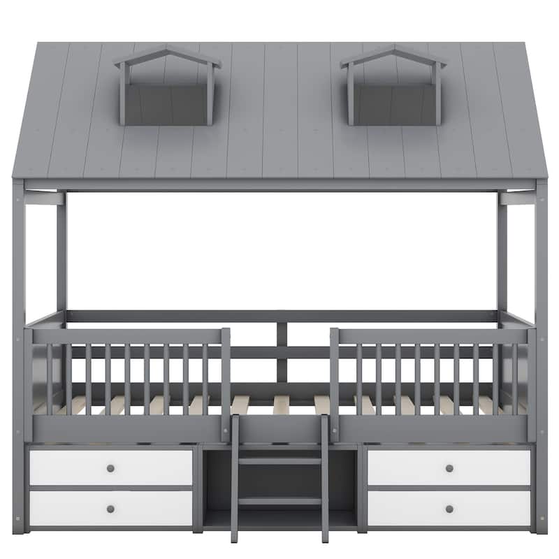 Full Size Wood Bed House Bed Frame, 77.6''L x 65.9'' W x72.9'' H