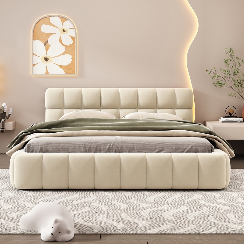 Queen Size Upholstered Platform Bed with Thick Fabric Grounded Bed with Solid Frame Beige