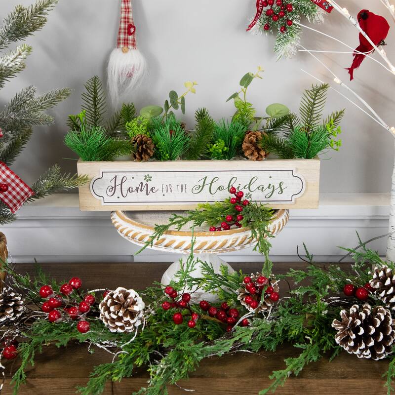 Rectangular Boxed Foliage "Home For The Holidays" Christmas Candle Holders - 13.75"