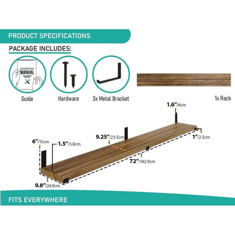 Wallniture Forte 72"x9" Rustic Floating Shelf, Wall Bookshelf, Wood Storage Shelf
