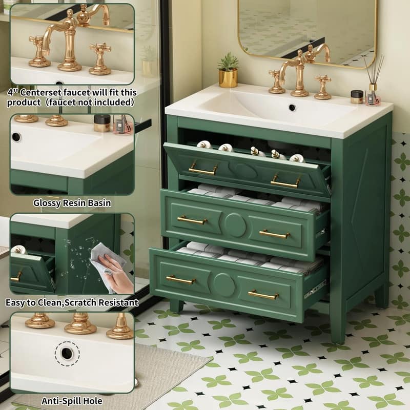 30'' Free Standing Bathroom Vanity Set with Ceramic Sink, 3 Drawers & Solid Wood Frame