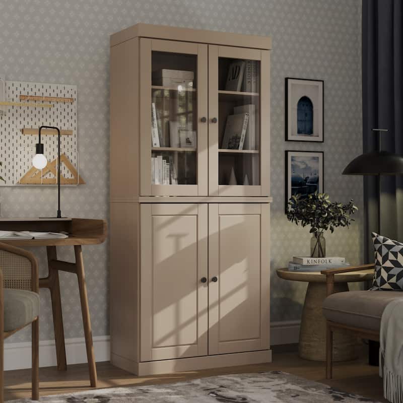100% Solid Wood 6-Shelf Bookcase with Optional Doors by Palace Imports - 4 Dr Glass/Wood - Beige