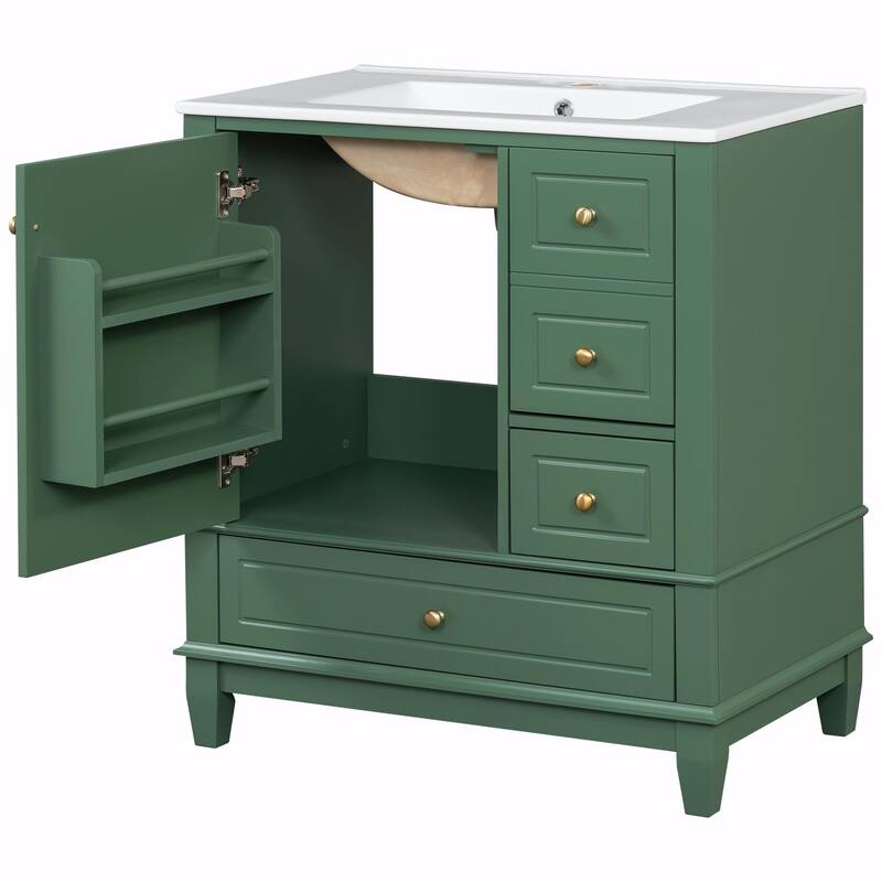 30" Bathroom Vanity with Sink, Soft-Close Door, One Door with Shelf & Three Drawers