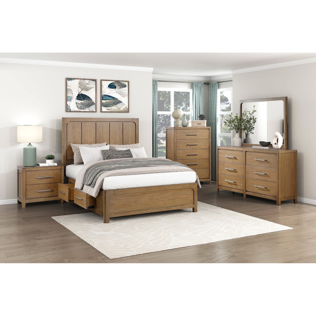 Modern Bedroom Furniture Sets Storage Bed Dresser Mirror Nightstand Chest Light Brown Finish