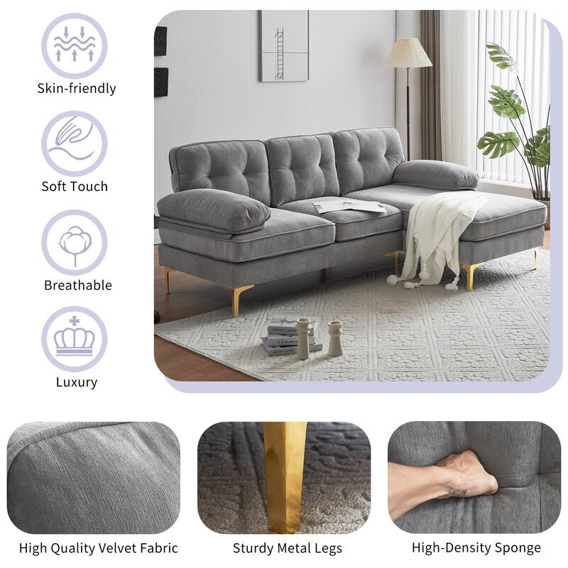 Velvet Sectional Sofas Couches with Pillow Top Arms and Upholstered Backrest, Modern L-Shaped Couches with Metal Legs