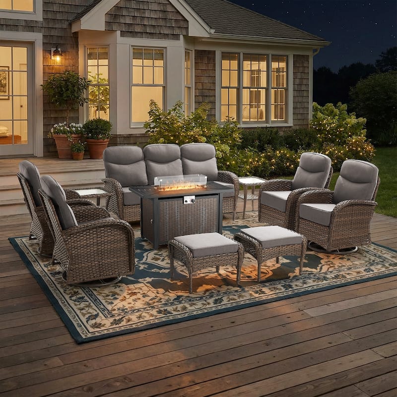 Pocassy Outdoor Sofa Swivel Chair and Ottman with 43in Fire Pit Table - Brown Wicker Gray Cushion - 10-Piece Sofa Swivel Chiar Ottoman with Fire Table