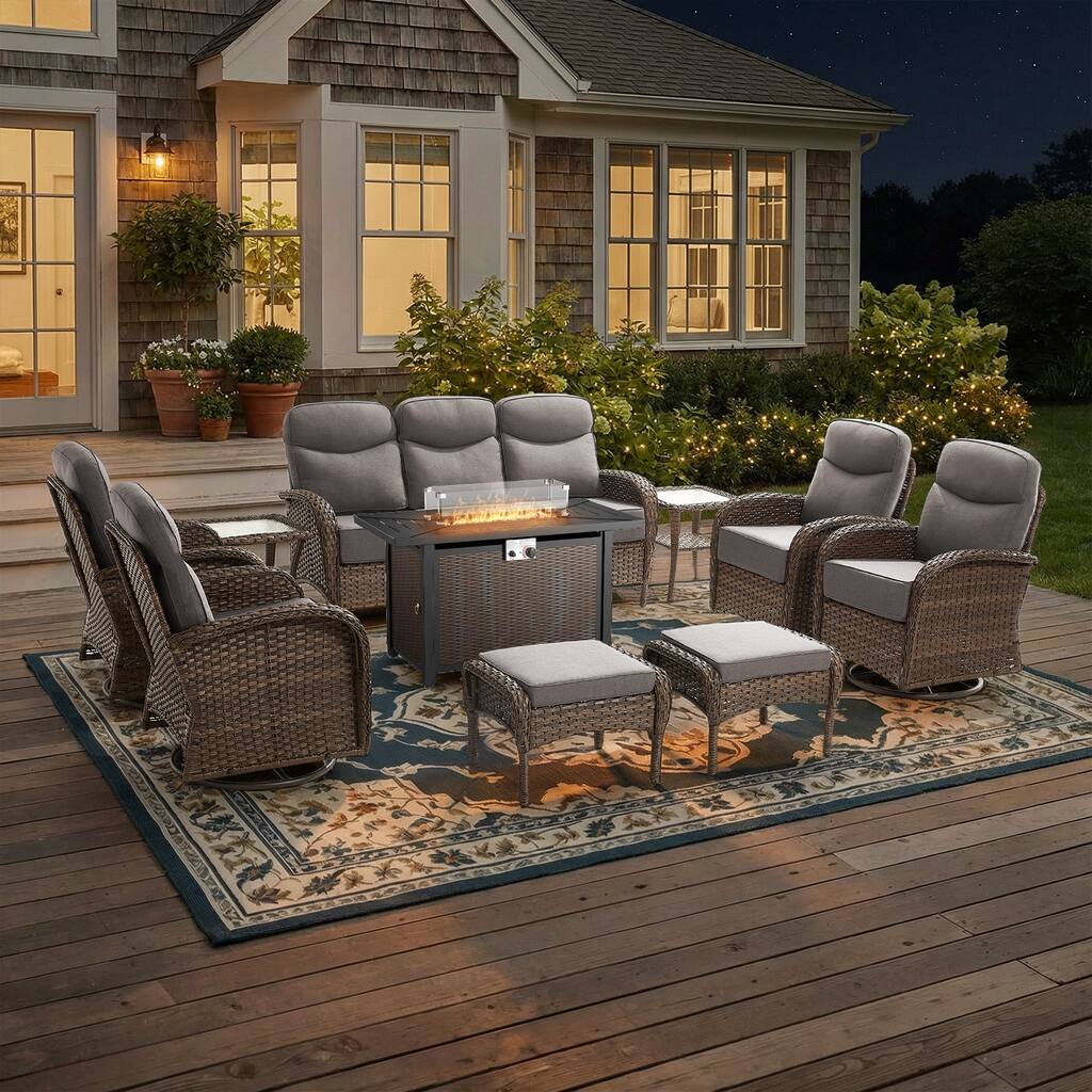 Pocassy Outdoor Sofa Swivel Chair and Ottman with 43in Fire Pit Table