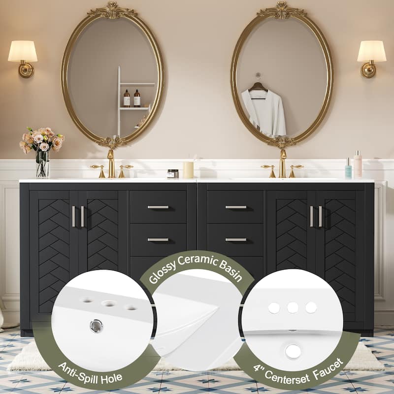 GDFStudio - Briarwick Modern Freestanding Double Bathroom Vanity Set with Ceramic Sinks, Drawers & Soft Closing Doors - 72'W