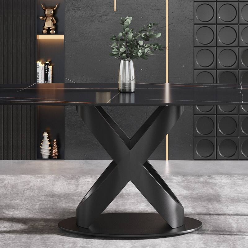 63'' Modern Dining Table，Sintered Stone Tabletop with Black Base