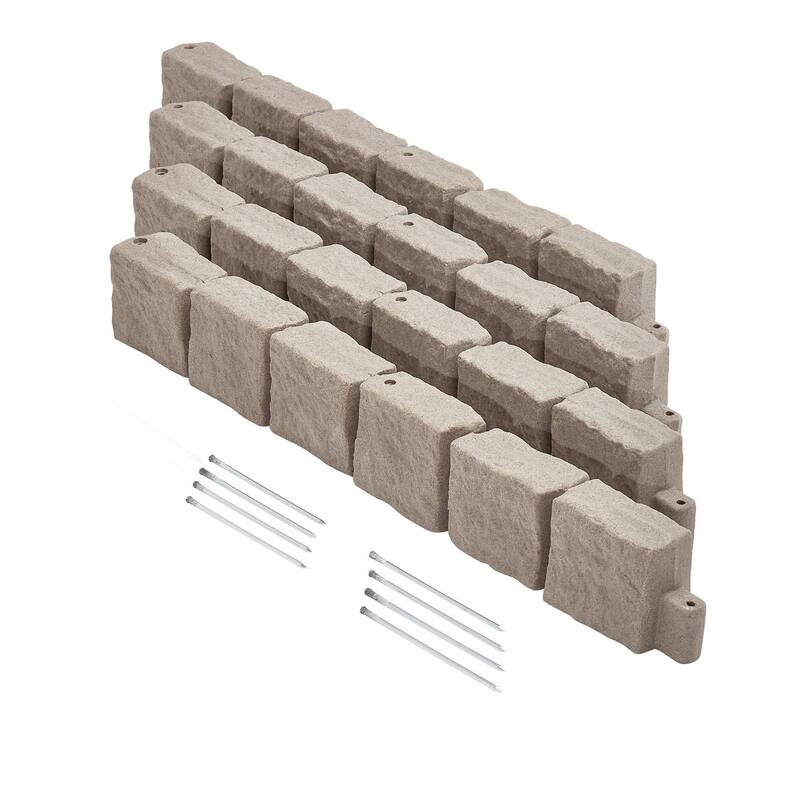 Brown Plastic Stone Landscape Edging 4 Pack with Stakes for Garden Borders - 46.85 x 3.94 x 6.10 in - Brown