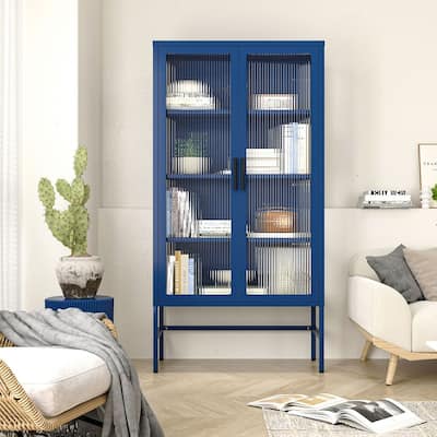 Double Glass Door Storage Cabinet with Adjustable Shelves and Feet
