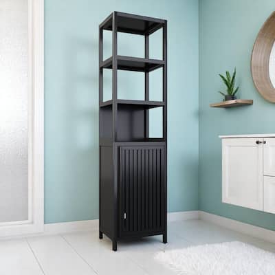 Slim Black Bathroom Storage Cabinet with Door and 3 Tiers, Natural Bamboo Freestanding Linen Tower Organizer